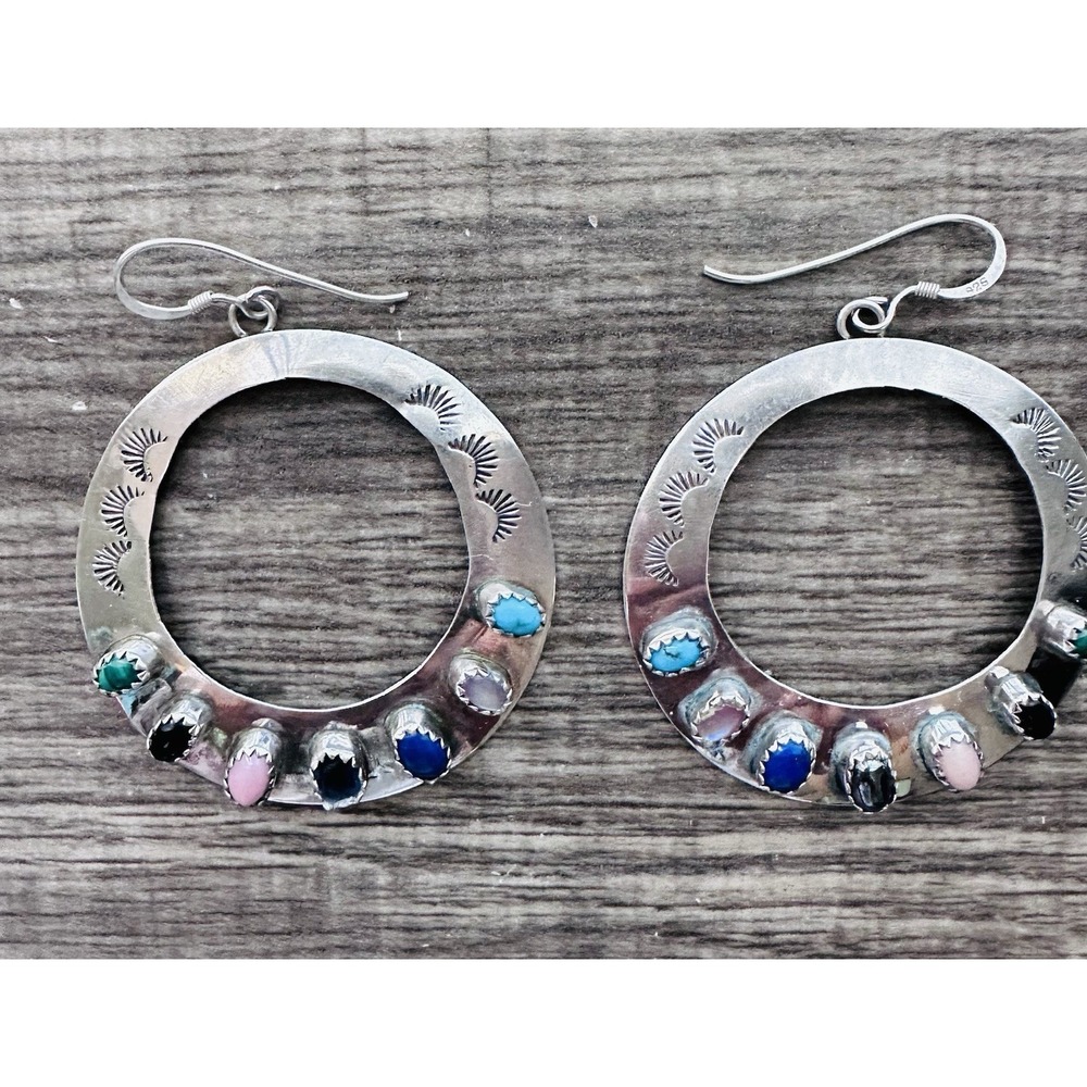 Navajo Sterling Silver Multi Stone Large Hoop Earrings Signed AJ - Picture 2 of 16